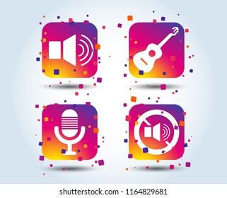 Musical elements icons. Microphone and Sound speaker symbols. No Sound and acoustic guitar signs. Colour gradient square buttons. Flat design concept. Vector