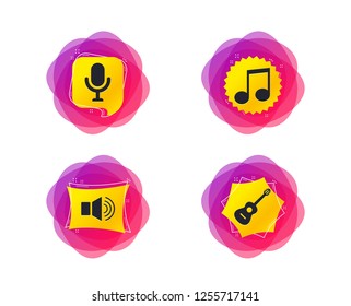 Musical elements icons. Microphone and Sound speaker symbols. Music note and acoustic guitar signs. Geometric gradient sales shapes. Creative banners. Template for design. Vector