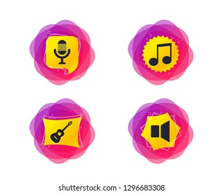 Musical elements icons. Microphone and Sound speaker symbols. Music note and acoustic guitar signs. Geometric gradient sales shapes. Creative banners. Template for design. Vector