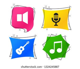 Musical elements icons. Microphone and Sound speaker symbols. Music note and acoustic guitar signs. Geometric colorful tags. Banners with flat icons. Trendy design. Vector