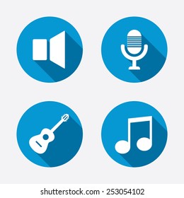 Musical elements icons. Microphone and Sound speaker symbols. Music note and acoustic guitar signs. Circle concept web buttons. Vector