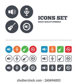 Musical elements icons. Microphone and Sound speaker symbols. No Sound and acoustic guitar signs. Web buttons set. Circles and squares templates. Vector
