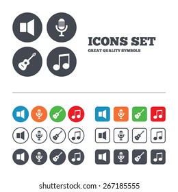 Musical elements icons. Microphone and Sound speaker symbols. Music note and acoustic guitar signs. Web buttons set. Circles and squares templates. Vector