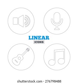 Musical elements icons. Microphone and Sound speaker symbols. Music note and acoustic guitar signs. Linear outline web icons. Vector