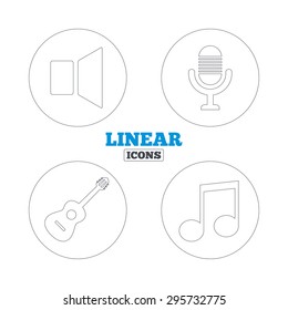 Musical elements icons. Microphone and Sound speaker symbols. Music note and acoustic guitar signs. Linear outline web icons. Vector