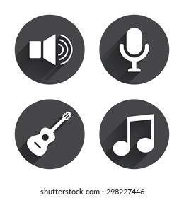 Musical elements icons. Microphone and Sound speaker symbols. Music note and acoustic guitar signs. Circles buttons with long flat shadow. Vector
