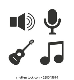 Musical elements icons. Microphone and Sound speaker symbols. Music note and acoustic guitar signs. Flat icons on white. Vector
