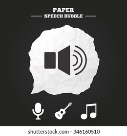 Musical elements icons. Microphone and Sound speaker symbols. Music note and acoustic guitar signs. Paper speech bubble with icon.