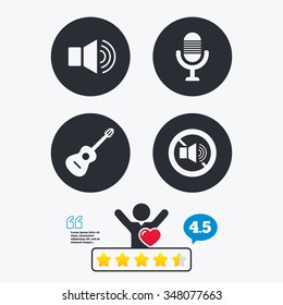 Musical elements icons. Microphone and Sound speaker symbols. No Sound and acoustic guitar signs. Star vote ranking. Client like and think bubble. Quotes with message.