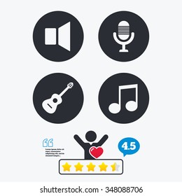 Musical elements icons. Microphone and Sound speaker symbols. Music note and acoustic guitar signs. Star vote ranking. Client like and think bubble. Quotes with message.