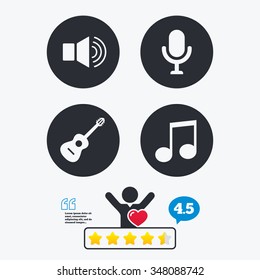 Musical elements icons. Microphone and Sound speaker symbols. Music note and acoustic guitar signs. Star vote ranking. Client like and think bubble. Quotes with message.