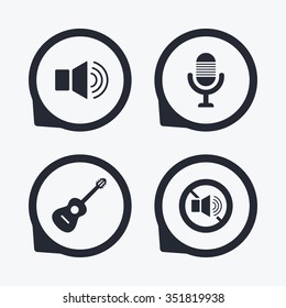 Musical elements icons. Microphone and Sound speaker symbols. No Sound and acoustic guitar signs. Flat icon pointers.