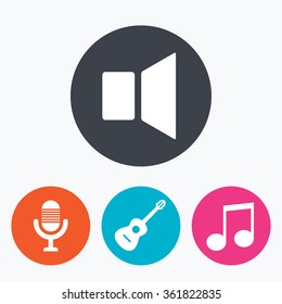 Musical elements icons. Microphone and Sound speaker symbols. Music note and acoustic guitar signs. Circle flat buttons with icon.