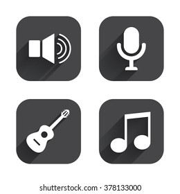 Musical elements icons. Microphone and Sound speaker symbols. Music note and acoustic guitar signs. Square flat buttons with long shadow.