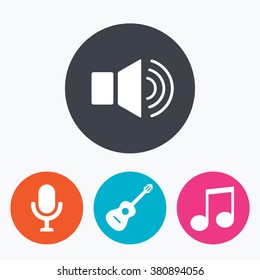 Musical elements icons. Microphone and Sound speaker symbols. Music note and acoustic guitar signs. Circle flat buttons with icon.