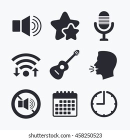 Musical elements icons. Microphone and Sound speaker symbols. No Sound and acoustic guitar signs. Wifi internet, favorite stars, calendar and clock. Talking head. Vector
