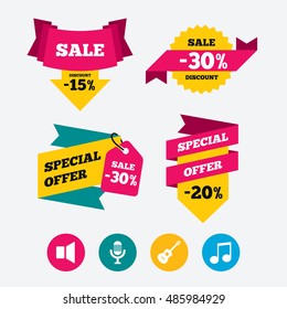 Musical elements icons. Microphone and Sound speaker symbols. Music note and acoustic guitar signs. Web stickers, banners and labels. Sale discount tags. Special offer signs. Vector