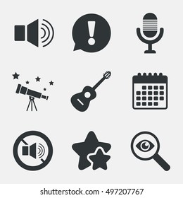 Musical elements icons. Microphone and Sound speaker symbols. No Sound and acoustic guitar signs. Attention, investigate and stars icons. Telescope and calendar signs. Vector