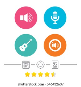 Musical elements icons. Microphone and Sound speaker symbols. No Sound and acoustic guitar signs. Calendar, cogwheel and report linear icons. Star vote ranking. Vector