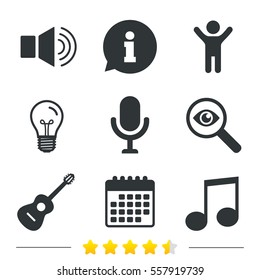 Musical elements icons. Microphone and Sound speaker symbols. Music note and acoustic guitar signs. Information, light bulb and calendar icons. Investigate magnifier. Vector