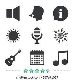 Musical elements icons. Microphone and Sound speaker symbols. Music note and acoustic guitar signs. Information, go to web and calendar icons. Sun and loud speak symbol. Vector