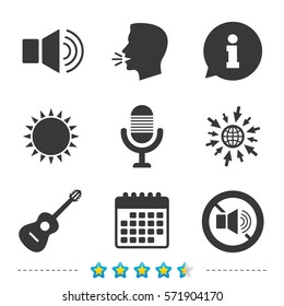 Musical elements icons. Microphone and Sound speaker symbols. No Sound and acoustic guitar signs. Information, go to web and calendar icons. Sun and loud speak symbol. Vector