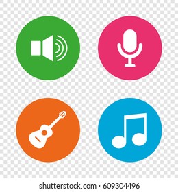 Musical elements icons. Microphone and Sound speaker symbols. Music note and acoustic guitar signs. Round buttons on transparent background. Vector