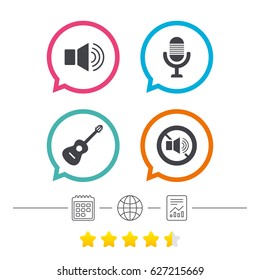 Musical elements icons. Microphone and Sound speaker symbols. No Sound and acoustic guitar signs. Calendar, internet globe and report linear icons. Star vote ranking. Vector