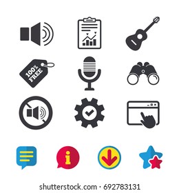 Musical elements icons. Microphone and Sound speaker symbols. No Sound and acoustic guitar signs. Browser window, Report and Service signs. Binoculars, Information and Download icons. Stars and Chat