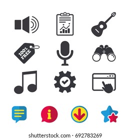 Musical elements icons. Microphone and Sound speaker symbols. Music note and acoustic guitar signs. Browser window, Report and Service signs. Binoculars, Information and Download icons. Stars and Chat