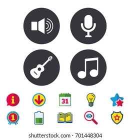 Musical elements icons. Microphone and Sound speaker symbols. Music note and acoustic guitar signs. Calendar, Information and Download signs. Stars, Award and Book icons. Light bulb, Shield and Search