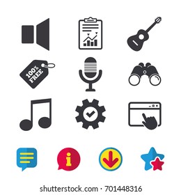 Musical elements icons. Microphone and Sound speaker symbols. Music note and acoustic guitar signs. Browser window, Report and Service signs. Binoculars, Information and Download icons. Stars and Chat