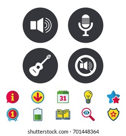 Musical elements icons. Microphone and Sound speaker symbols. No Sound and acoustic guitar signs. Calendar, Information and Download signs. Stars, Award and Book icons. Light bulb, Shield and Search