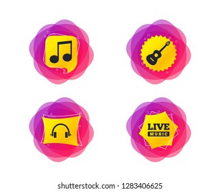 Musical elements icons. Musical note key and Live music symbols. Headphones and acoustic guitar signs. Geometric gradient sales shapes. Creative banners. Template for design. Vector