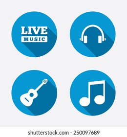 Musical elements icons. Musical note key and Live music symbols. Headphones and acoustic guitar signs. Circle concept web buttons. Vector