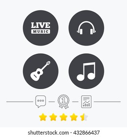 Musical elements icons. Musical note key and Live music symbols. Headphones and acoustic guitar signs. Chat, award medal and report linear icons. Star vote ranking. Vector