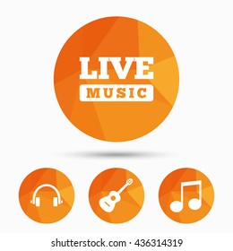 Musical elements icons. Musical note key and Live music symbols. Headphones and acoustic guitar signs. Triangular low poly buttons with shadow. Vector