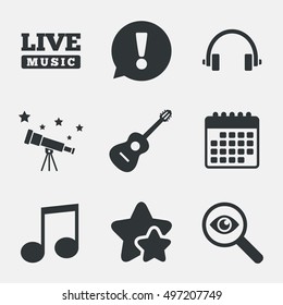 Musical elements icons. Musical note key and Live music symbols. Headphones and acoustic guitar signs. Attention, investigate and stars icons. Telescope and calendar signs. Vector