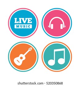 Musical elements icons. Musical note key and Live music symbols. Headphones and acoustic guitar signs. Colored circle buttons. Vector