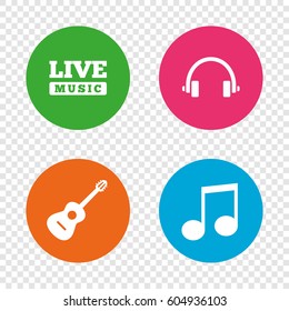 Musical elements icons. Musical note key and Live music symbols. Headphones and acoustic guitar signs. Round buttons on transparent background. Vector