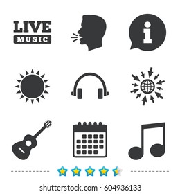 Musical elements icons. Musical note key and Live music symbols. Headphones and acoustic guitar signs. Information, go to web and calendar icons. Sun and loud speak symbol. Vector