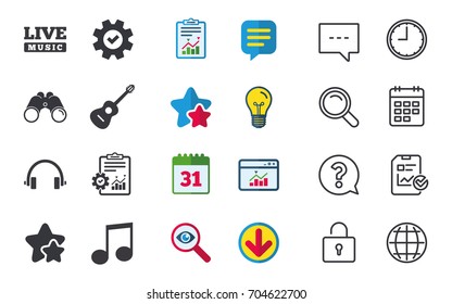 Musical elements icons. Musical note key and Live music symbols. Headphones and acoustic guitar signs. Chat, Report and Calendar signs. Stars, Statistics and Download icons. Question, Clock and Globe