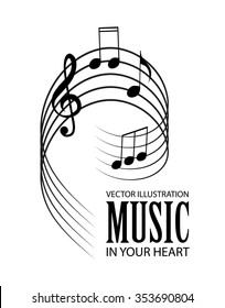 Musical Elements. Music Staff with Treble Clef & Notes Isolated on White. Vector Illustration.