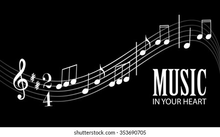 Musical Elements. White Music Staff with Treble Clef & Notes Isolated on Black. Vector Illustration.