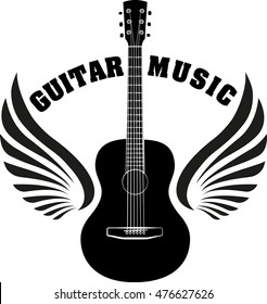 Musical emblem with wings, fire and caption Guitar music