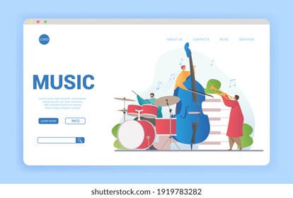 Musical ensemble playing musical instruments. Flat cartoon vector illustration. Website, webpage, landing page template