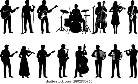 Musical ensemble silhouettes featuring various instrumentalists and singers performing on stage, isolated black figures on white background
