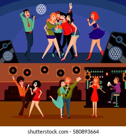 Musical entertainment horizontal banners with cheerful singing people at karaoke club and bar vector illustration