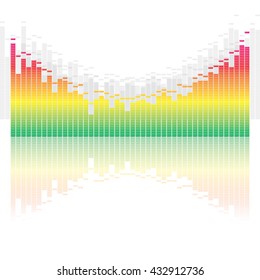 Musical Equalizer High and Low Frequencies Active with Glossy Surface Reflection - Green to Magenta through Yellow Elements on White and Light Grey Background - Pictogram Pure Flat Design