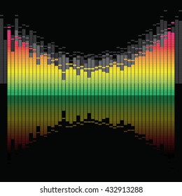 Musical Equalizer High and Low Frequencies Active with Glossy Surface Reflection - Green to Magenta through Yellow Elements on Black and Dark Grey Background - Pictogram Pure Flat Design